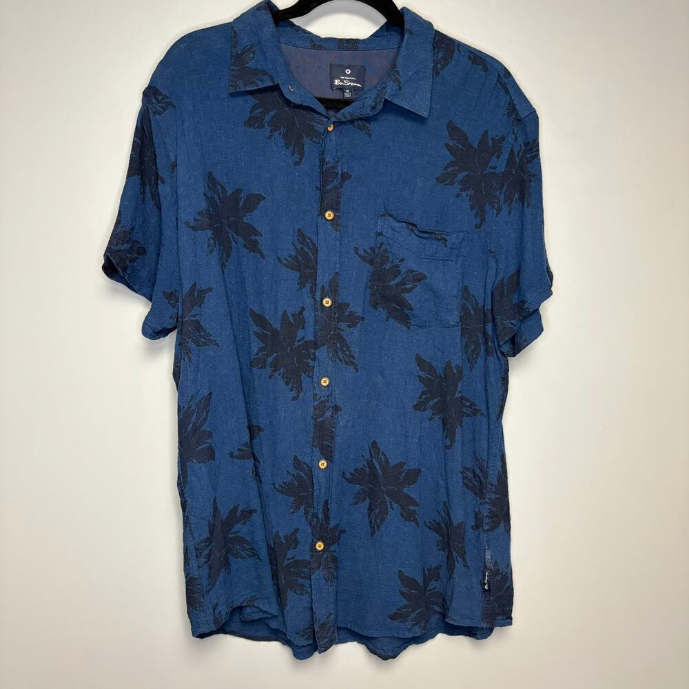 Ben Sherman Linen Blend Tropical Print Navy Short‎ Sleeve Shirt Sz XL